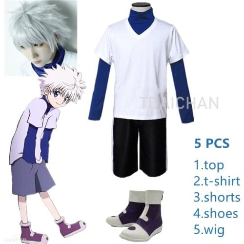 Anime Hunter X Hunter Killua Zoldyck Cosplay Costume Halloween Christmas Party Cosplay Suit Shirt Short White Wig Boots Shoes
