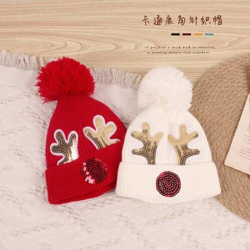 Pudcoco Kids Woolen Hat Unisex Sequins Antler Patterns Knitted Warm Christmas Hat For Autumn Winter
