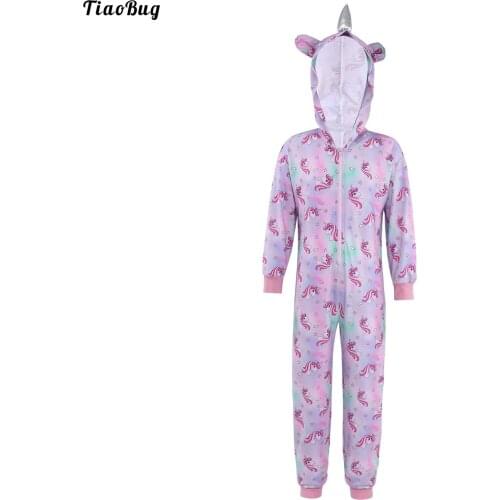 Kids Girls Boys One-Piece Cartoon Horse Print Sleeping Jumpsuit Hooded Long Sleeves Front Zipper Closure Sleepwear Nightwear