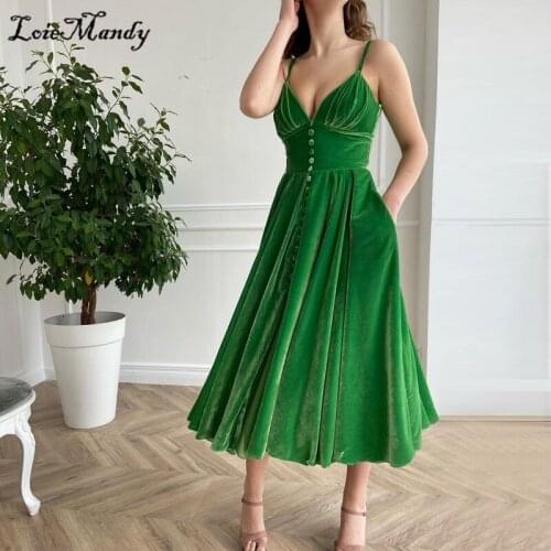 Deep V-neck Evening Dresses Long 2021 Sexy Split Velvet Prom Party Gowns With Button Cheap Tea Length Vestido de festa longo