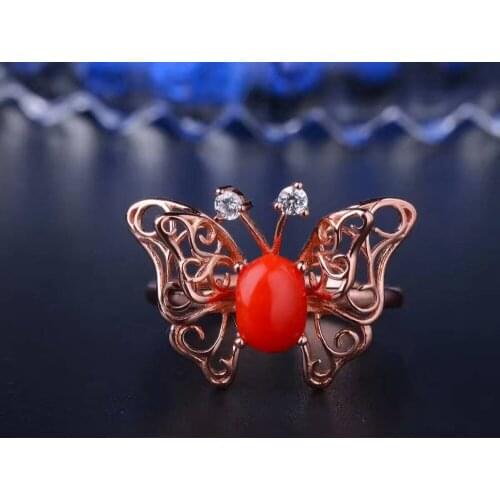 Natural red coral gem Ring Natural gemstone ring S925 sterling silver trendy Elegant butterfly women girl wedding fineJewelry