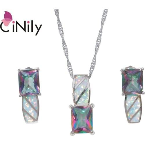 CiNily Created White Fire Opal Silver Plated Wholesale for Women Jewelry Wedding Pendant Necklace Stud Earring Jewelry Set OT174