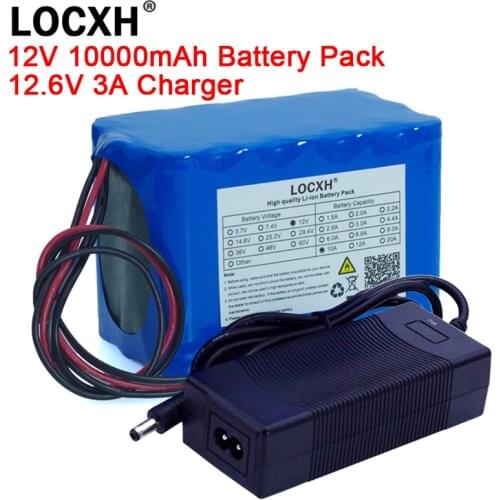 Large Capacity 12V 10Ah 18650 Lithium Battery Pack 10000mah Rechargeable Battery Protection Board+12.6V 3A Charger Power Adapter