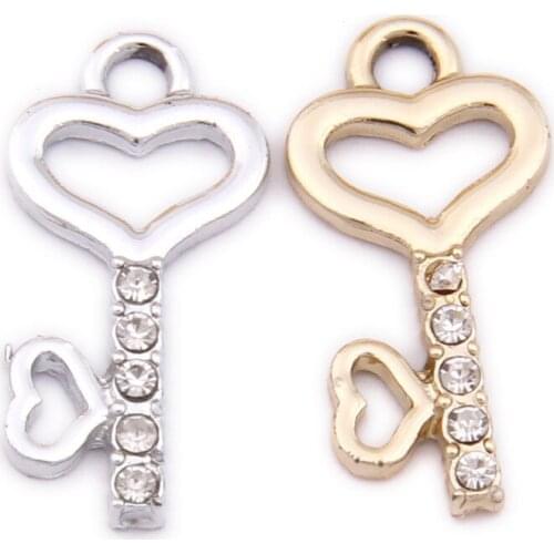 Fashion Crystal Rhinestone Paved Enamel Alloy Jewelry Charms Hollow Out Lovely Heart Shape Key Shape DIY Necklace Pendants