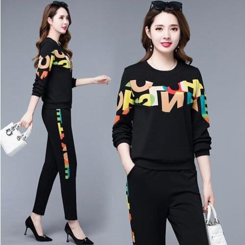 Fashion casual suit plus size women' spring and autumn new color matching letter printing loose Sweatshirts feet pants two-piece