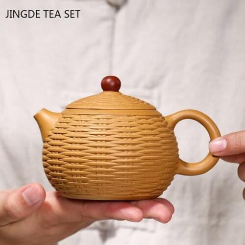 Boutique Yixing Purple Clay Tea Pots Raw Ore Section Mud Xishi Teapot Bamboo Weaving Filter Kettle Handmade Tea Set 290ml