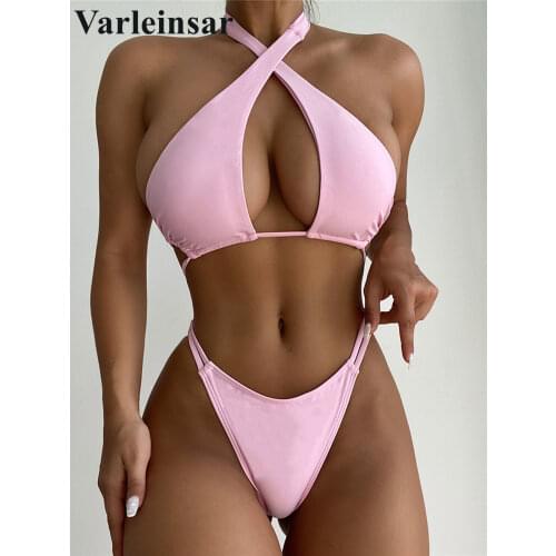 New Sexy Halter High Cut Pink Bikini Women Swimwear Female Swimsuit Two-pieces Bikini set Padded Bather Bathing Suit Swim V3116