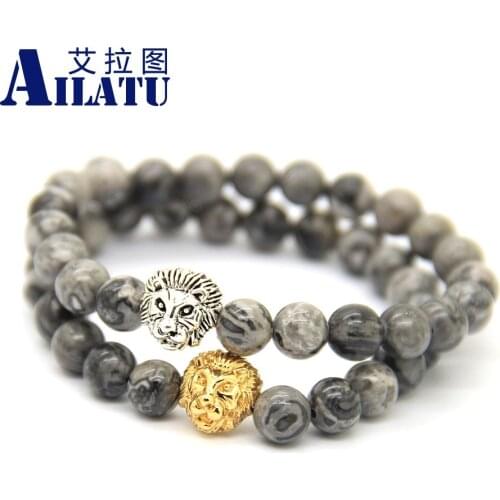 Ailatu New Design Lion Head Bracelets Men Jewelry Natural 8mm Grey Picture Stone Beads