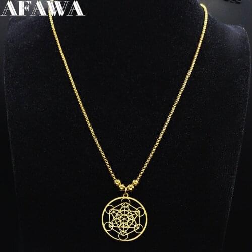 Yoga Hindu Buddhism Flower of Life Stainless Steel Chain Necklace Women Gold Color Long Bead Necklace Jewelry collares N19634S02