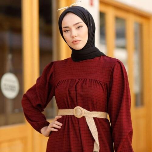 Square Pattern Straw Belt Dress Turkey Muslim Fashion Hijab Islam Clothing Dubai Istanbulstyles 2021