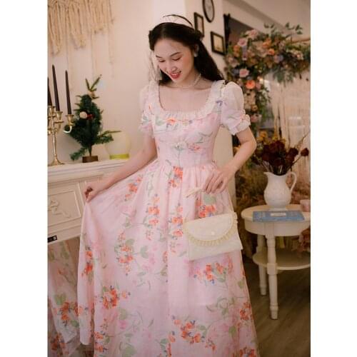 Dresses Women Summer Vintage Elegant Pastoral Style Floral Midi Dress Lolita Sweet High Waist Silk Hemp Dress Pink Long Dress