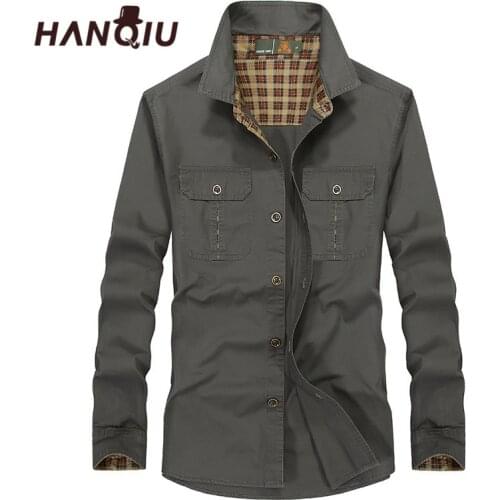 HANQIU Long Sleeve Shirts Men Military Cargo Cotton Men Shirt Autumn High Quality Classic Design Brand Clothing Plus Size 5XL
