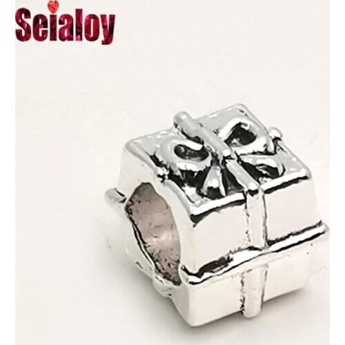Seialoy Silver Color Cube Gift Box Beads Bow Charm Fit & Snake Chain Bracelet & Necklace Diy Jewelry Accessories Beaded