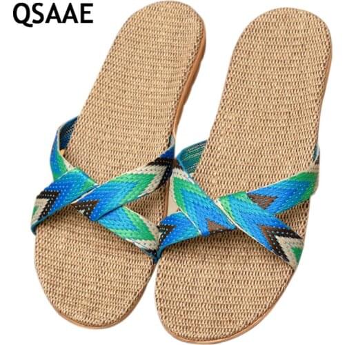 2019 Fashion Flax Home Slippers Indoor Floor Shoes Cross Belt Silent Sweat Slippers For Summer men Sandals unisex AF433