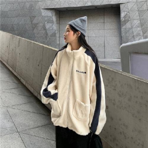 Harajuku oversized sweatshirt Korean version 2021 new lamb fluff sports wind loose stand-up collar baseball uniform jacket women