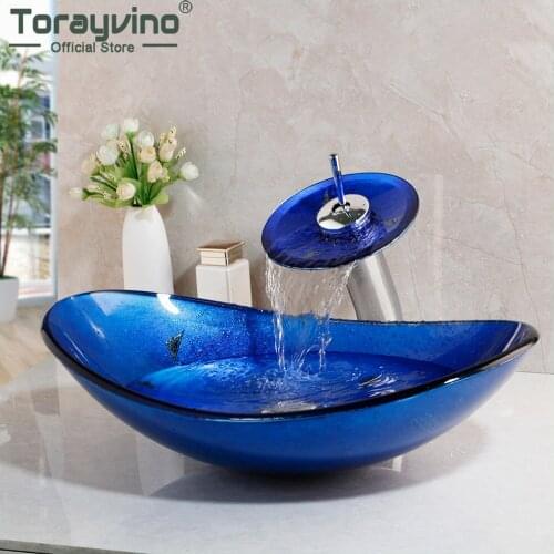 Torayvino Tempered Glass Bathroom Basin Sink Washbasin Countertop Faucets Set Brass Waterfall Faucet Washroom Vessel Vanity Tap