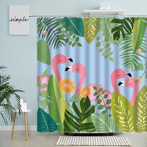 Tropical Plant Shower Curtain Pink Flamingo Parrot Flowers Palm Leafs Bathroom Wall Decor With Hook Hanging Waterproof Screen