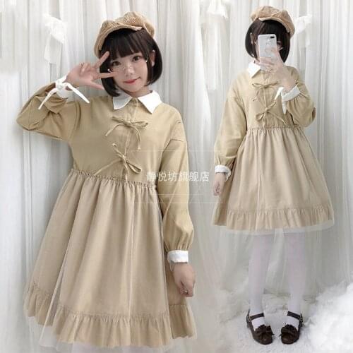 Japanese college style sweet lolita dress vintage polo collar bowknot high waist victorian dress kawaii girl gothic lolita op