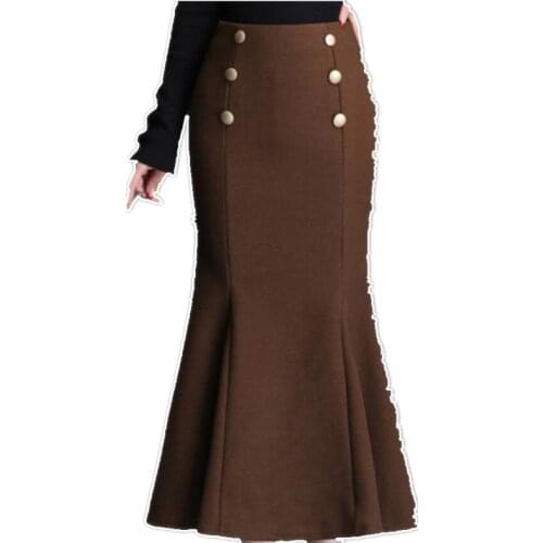 Plus size 4XL!autumn winter fashion double breasted woolen trumpet skirt women midi high waist package hip mermaid skirt