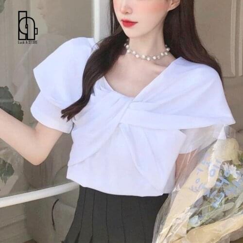 2021 Summer Elegant Casual Blouses Women Bow Whtie Korean Fashion Designer Clothing Short Sleeve Sweet Japanese Fit Chic Shirts