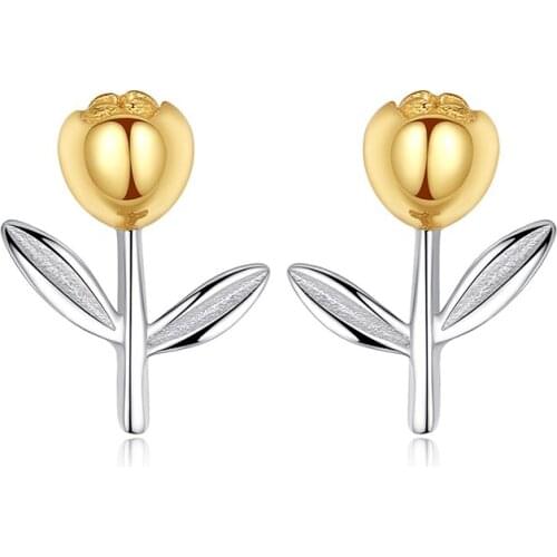 S925 Sterling Silver Tulip Earring Gold Color Flower Plant Fashion Jewelry Women Gift Party