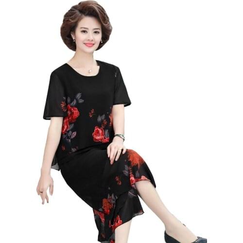 2021 Summer New Flower And Bird Pattern Set Ladies Chiffon Elastic Waist Wide-Leg Cropped Trousers Fashion Suits FC1198