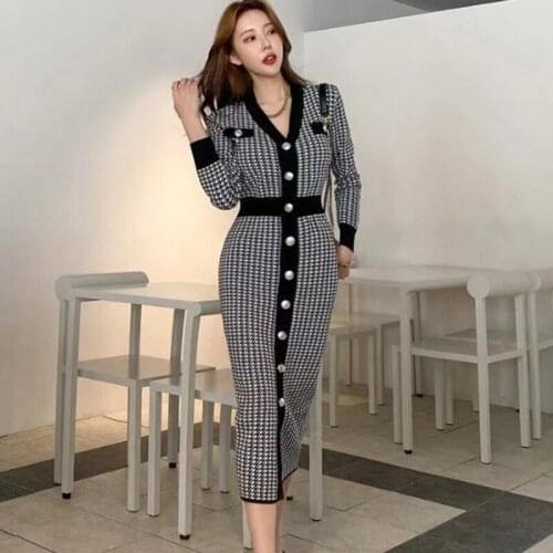 New Arrival Autumn Slim Sexy V Neck Long Sleeve Plaid Knitted Dress Womens Single-Breasted Houndstooth Chic Dress Vestido