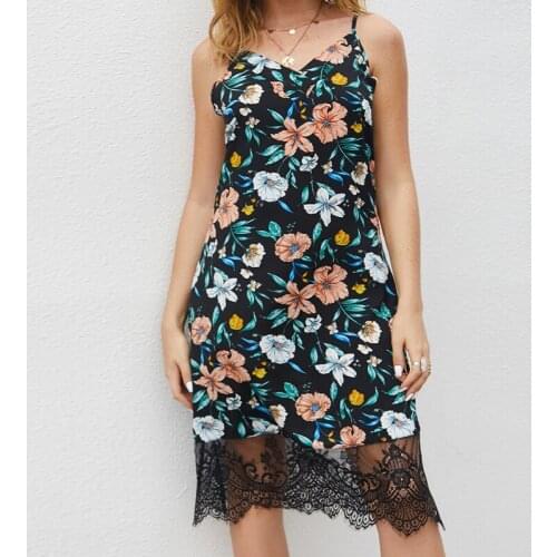 Summer Women Knee-Dress V-neck Lace Stitching Printing Suspender skirt