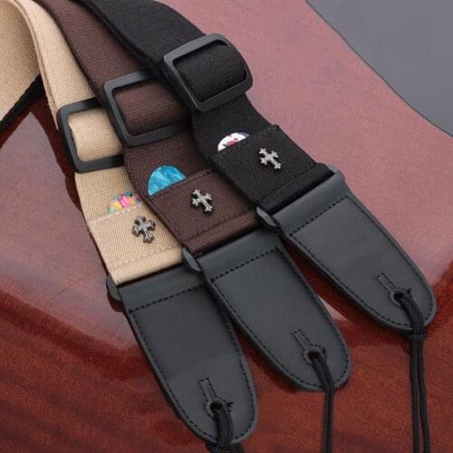 1PCS Vintage Electric Guitar Strap Acoustic Folk Guitarra Belt Straps Cross Personality Guitar Strap Leather with Pick Pocket