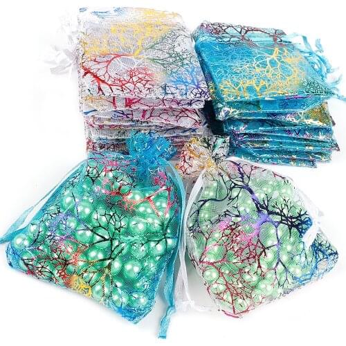 10pcs/50pcs Print Branch Organza Bag 13x18cm 10x15cm 9x12cm 7x9cm Wedding Voile Gift Christmas Drawstring Packing Bags