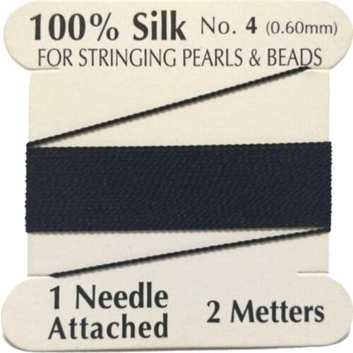 2M Long 0.6mm in Diameter Black 100% Natural Silk Beading Cord with Needle Attached