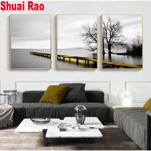 3 Piece Calm Lake Bridge Tree Scene Full Square Drill 5D Diy Diamond Painting Triptych embroidery Painting Diamond Mosaic