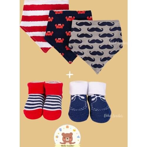 Bobo Leader Luvable Friends New Style Newborn baby triangle trendy Bandana Bibs and socks set 5PCS Set Soft Cotton Infant baby