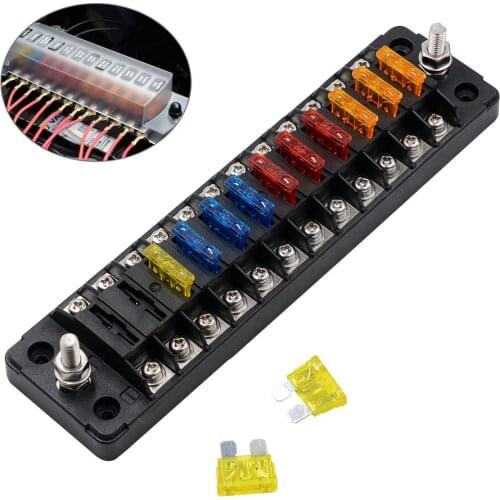 32V Car Fuse Box Holder 12-way Independent Positive and Negative Fuse Box with 24 Fuse Box Cover for Auto Car Boat Marine Trike
