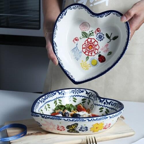 Butterfly Love Heart Shape Ceramic Salad Bowl Hand-painted Bake Pan Cheese Dessert Soup Bowl