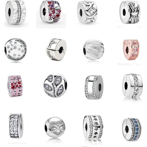Free Shipping 925 Sterling Silver Sparkling Heart Row of Stars Clip Charm Fit Original Pandora Bracelets For Women DIY Jewelry