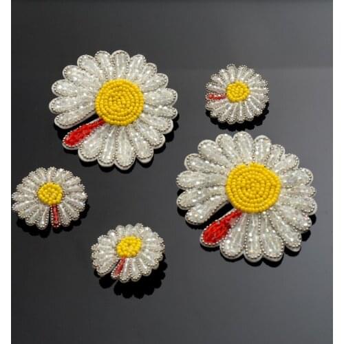 AHYONNIEX Beads Sunflower Daisy Flower Embroidered Sew On Patches for Clothes Dress Jacket Jeans Stickers DIY Parches