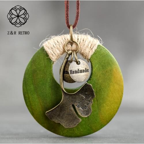 Flower Long Necklace Vintage Body Jewelry for Wooden Round Zinc Alloy Chain Plant Leaf Suspension Pendant Women Accessories New