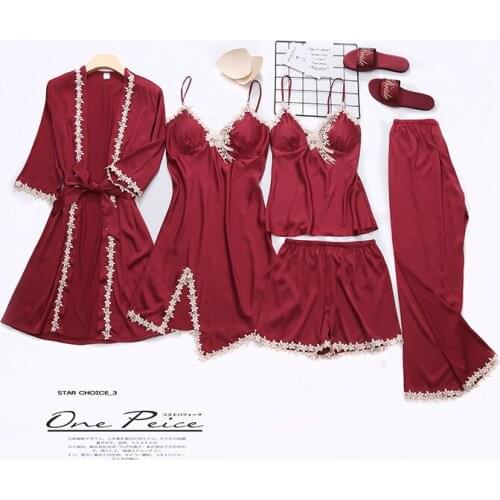 Sexy Silky Embroidery Lace Trim Women Suspender 5 Piece Pajamas Set Thin Sleep Pants Nightdress Soft Comfortable Home Wear