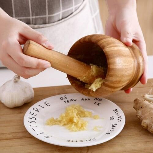 Creative Handmade Bamboo Garlic Press Wood Mortar And Pestle Set Manual Garlic Masher Spices Grinding Bowl Grinder Kitchen Tools