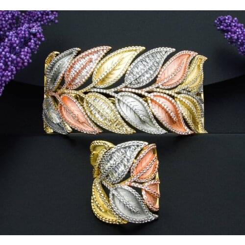 ModemAngel Super Luxury Leaf 3 Tone Bangle And Ring Set for Girls And Women High Quality Dress Jewelry Sets