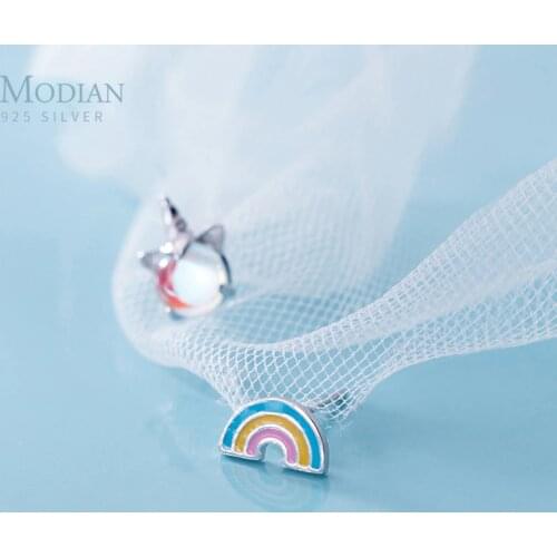 Modian Fashion Rainbow Licorne Memory Earring Charm Lucky Real 925 Sterling Silver Opal Stud Earrings For Women & Girls Jewelry