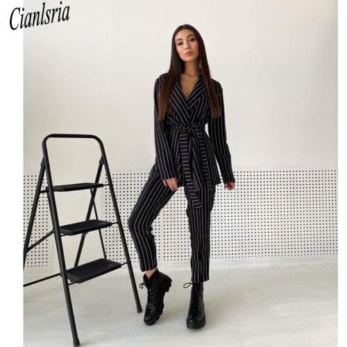 Fashion Striped Women Blazer Suit with Belt Long Sleeve Slim Fit Ladies Formal Pants Suits Prom Party Wedding (jacket+pants)