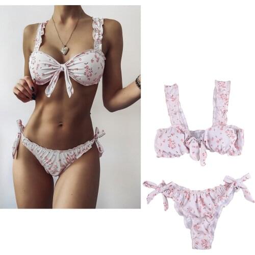 2021 New Sexey Bikini Swimsuit Two Piece Women Push Up Floral Print Leopard Swimwear Beachwear Lady Bra Bandage Cute Bikinis Set