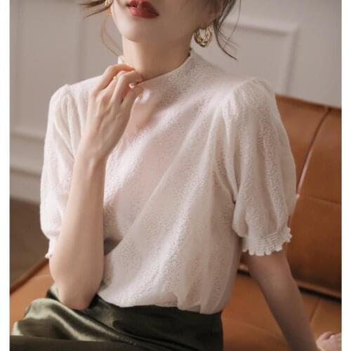 Solid Knitted Women T-Shirts Summer Vintage 2021 Turtleneck Puff Sleeved Solid Hollow Out Elegant Female Pulls Tops