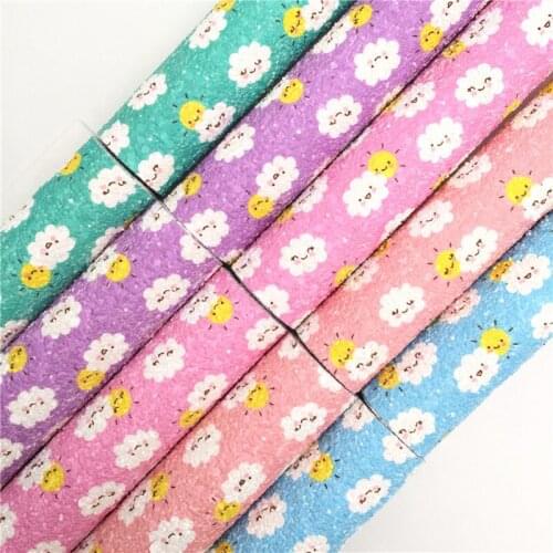 Onefly Wholesales Dropshipping Leather Supplier Cloud Sun Printed Glitter Faux Vinyl Leather Fabric Felt Backing Bow DIY FZ138