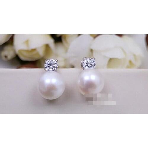9-10MM genuine natural freshwater pearl stud earrings nearly round without light