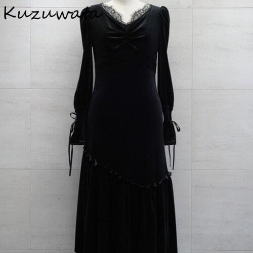 Kuzuwata Chic Lace Patchwork Flare Long Sleeve Dress 2021 Spring New Black Velvet Women Dresses Elegant Sexy Slim Fit Vestidos