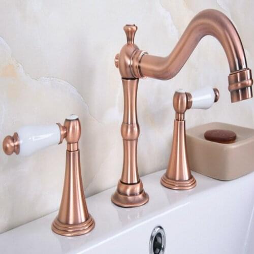 Deck Mounted 3 Holes Bath Tub Mixer Tap Vintage Retro Antique Red Copper Brass Widespread 2 Handles bathroom basin Faucet arg072
