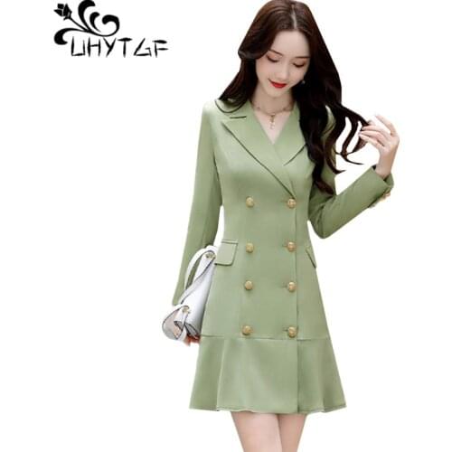 UHYTGF Spring autumn dress fashion lapel double-breasted slim womens Short dress solid color splice Flounced elegant dresses 748